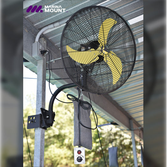 Four-speed oscillating fan installed on a square metal dock post using the Marina Mount system