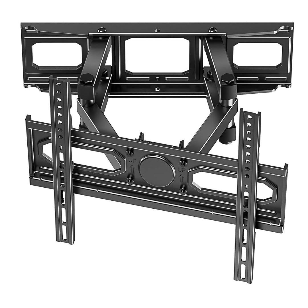 Black full-motion TV wall mount with dual articulating arms and vertical mounting brackets for most 26-to-65-inch televisions