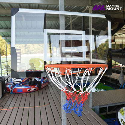 Marina Mount Basketball Hoop Attachment installed on a square upright at a covered boat dock