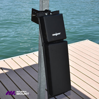 Marina Mount Boat Bumper Attachment installed vertically on a square metal dock post beside the water