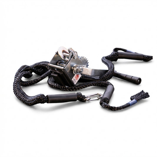 Marina Mount Boat Tie-Off Line system with braided ropes, metal clips, protective sleeves, and manual tensioner