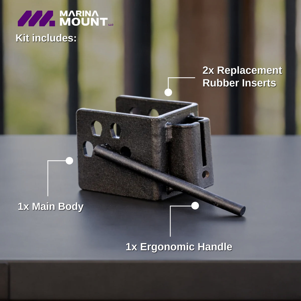 Marina Mount dock mounting kit with main body, ergonomic handle, and two replacement rubber inserts