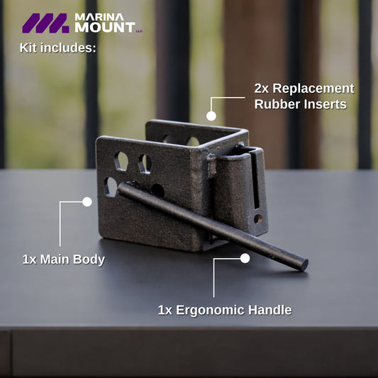 Marina Mount dock mounting kit with main body, ergonomic handle, and two replacement rubber inserts