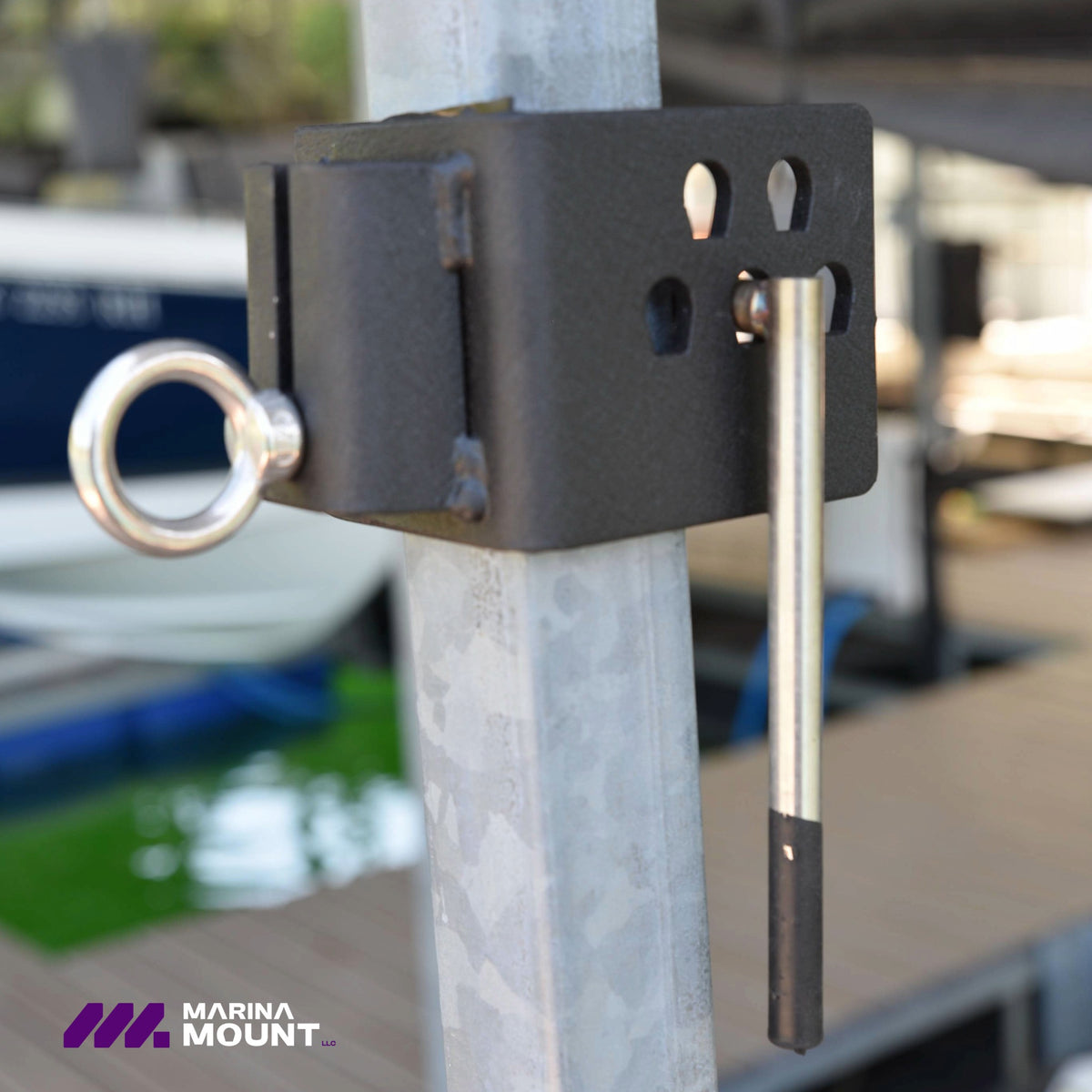 Marina Mount Eye Bolt Attachment installed on a square metal dock upright as a removable rope and tie-off connection point