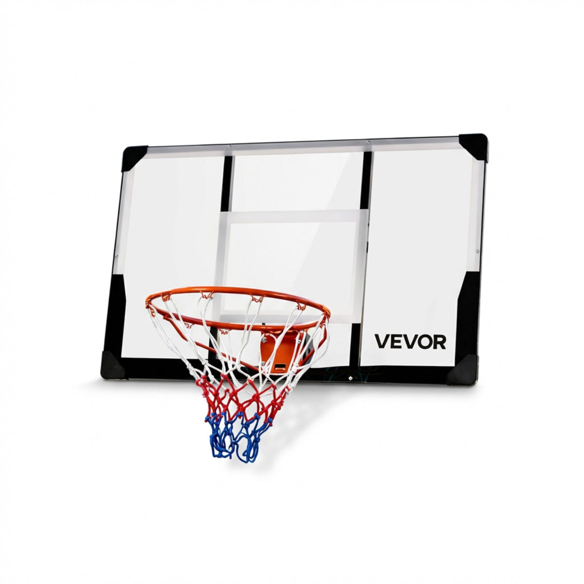 Folding basketball hoop with a 28.5-by-18-inch clear shatterproof backboard and multicolor net