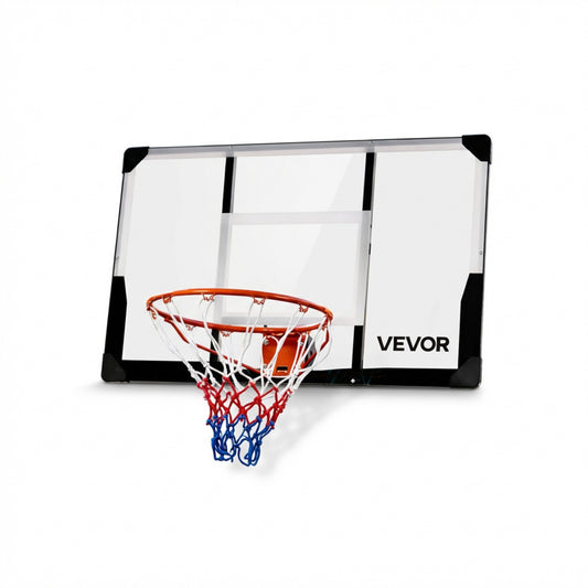 Folding basketball hoop with a 28.5-by-18-inch clear shatterproof backboard and multicolor net