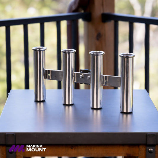 Marina Mount fishing rod holder with four stainless steel tubes and dock mounting assembly