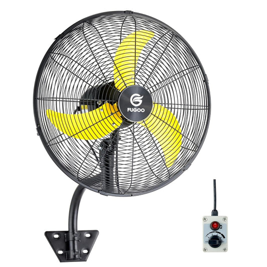 Black four-speed oscillating dock fan with yellow blades, protective metal grille, mounting bracket, and wired controller
