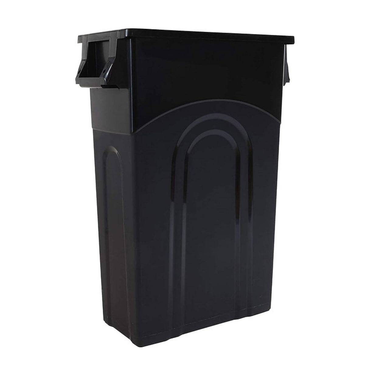 Large black Marina Mount dock waste container with lid and 23-gallon capacity