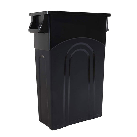 Large black Marina Mount dock waste container with lid and 23-gallon capacity
