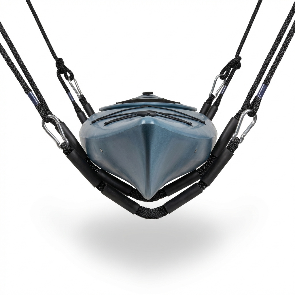 Kayak supported by the Marina Mount Manual Kayak Lift with padded straps, ropes, and metal carabiners