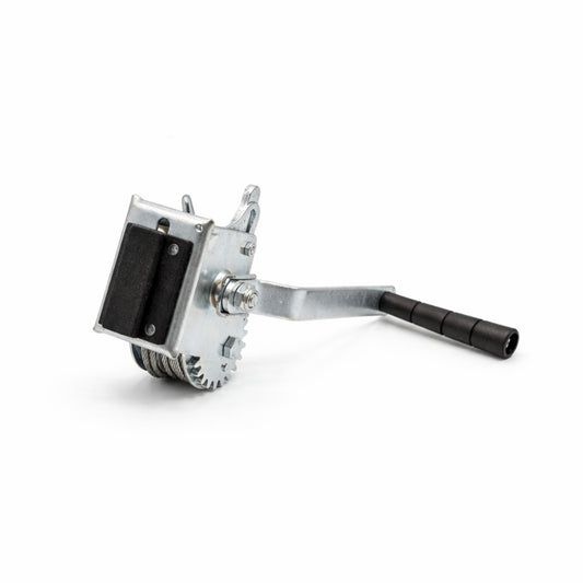 Marina Mount Manual Winch Attachment with hand crank, steel cable, and mounting adapter