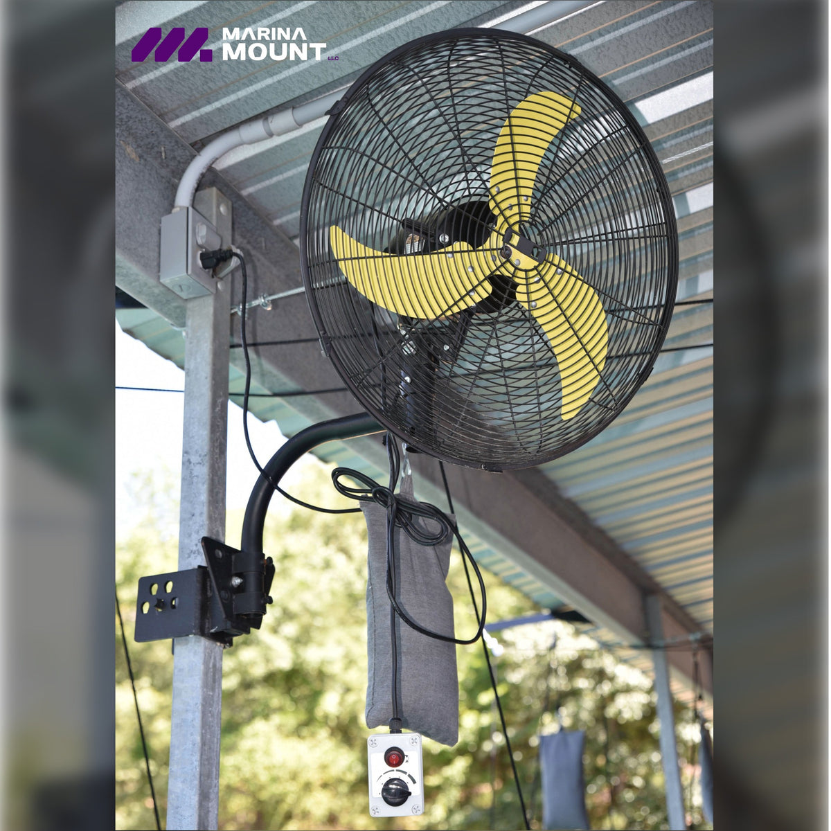Four-speed oscillating fan installed on a square metal dock post using the Marina Mount system
