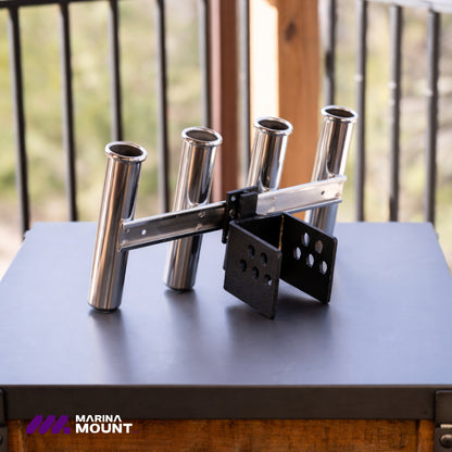 Front view of the Marina Mount stainless steel holder designed to store four fishing poles