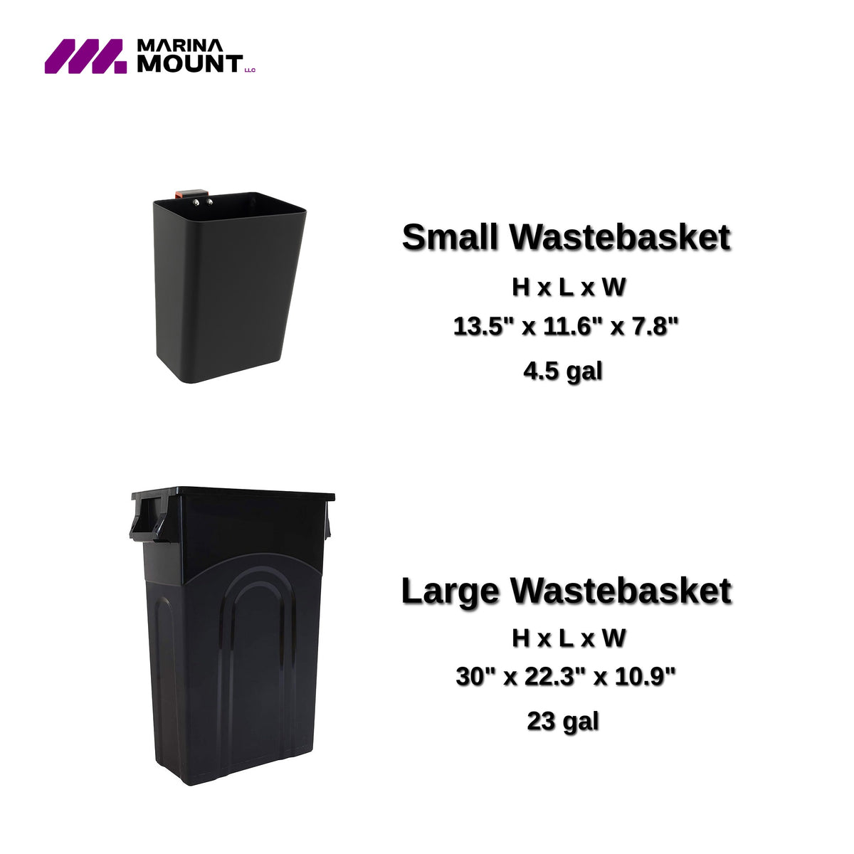 Size comparison of the 4.5-gallon small and 23-gallon large Marina Mount dock waste containers