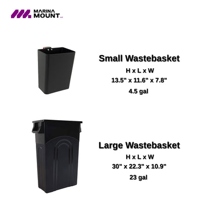 Size comparison of the 4.5-gallon small and 23-gallon large Marina Mount dock waste containers