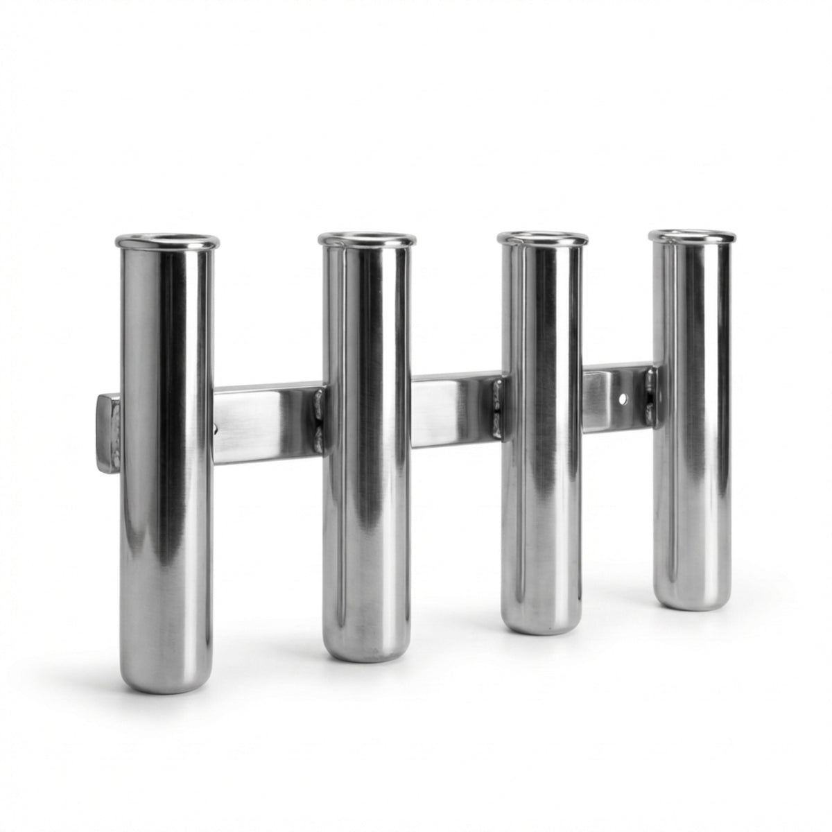 Four-pole stainless steel fishing rod holder with a horizontal mounting bracket