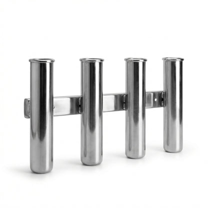 Four-pole stainless steel fishing rod holder with a horizontal mounting bracket