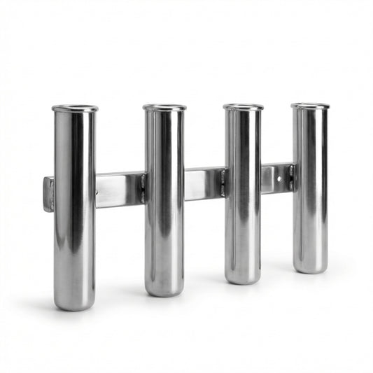 Four-pole stainless steel fishing rod holder with a horizontal mounting bracket